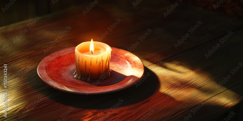 Poster candle casting light on a saucer while creating a subtle creeping shadow, showcasing the interplay o