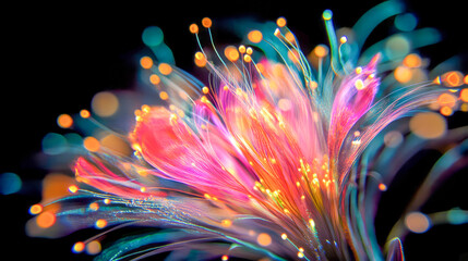Vibrant abstract flower with neon petals and bokeh effects in darkness