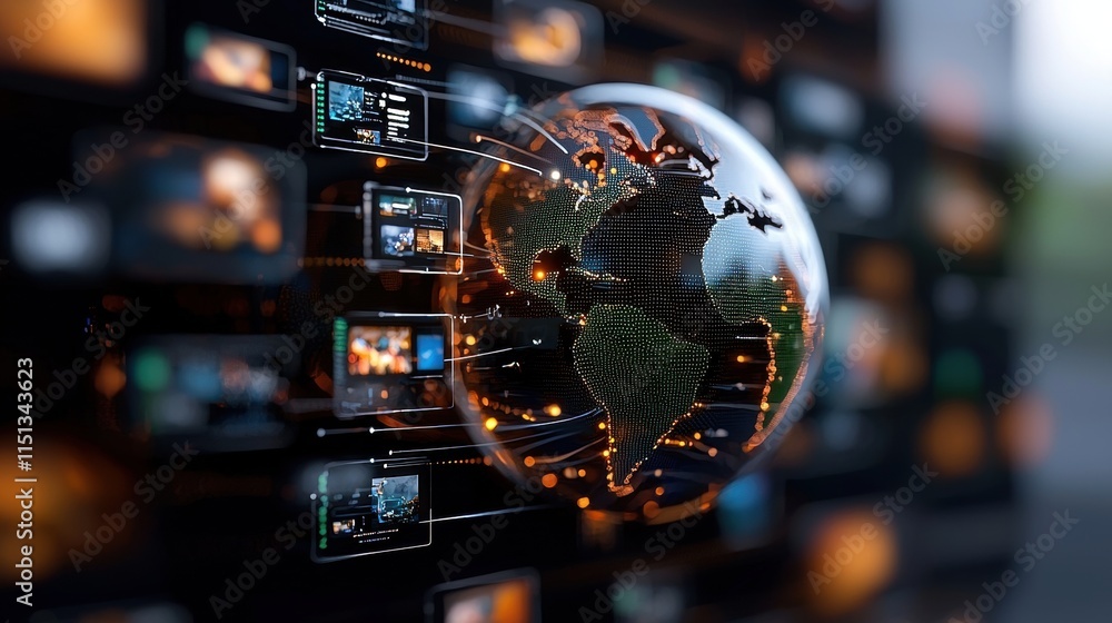 Poster digital earth with data streams and technology interfaces in a futuristic global network concept