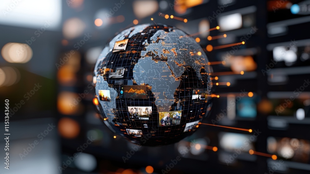 Poster futuristic digital globe with data streams and multimedia elements in a high-tech environment