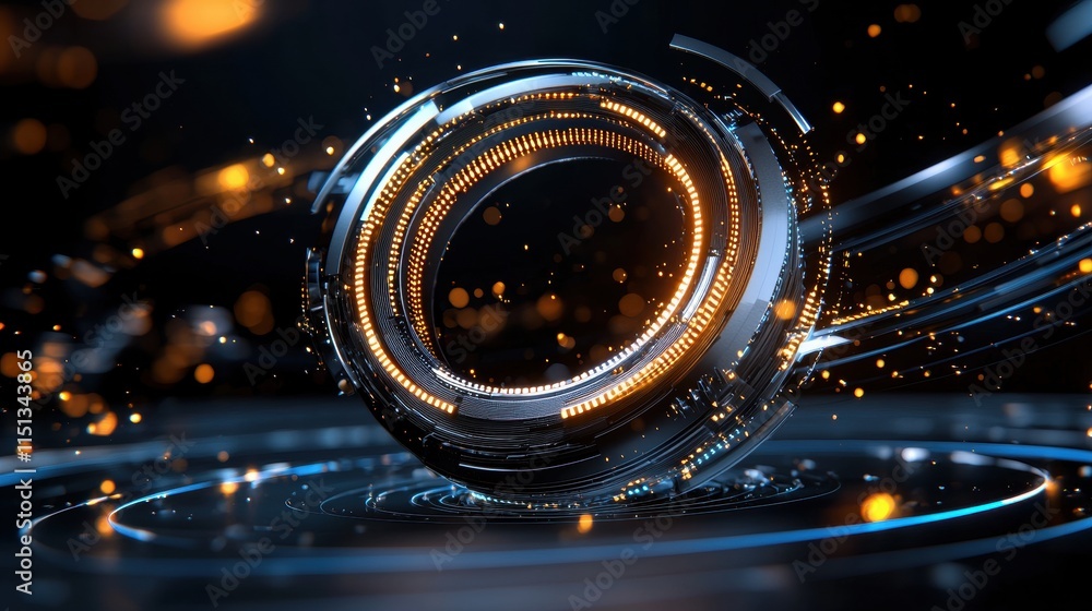 Poster futuristic abstract digital sphere with glowing elements and dynamic light effects on a dark backgro