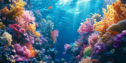 Fototapeta premium Explore the wonders of coral kingdoms, where vibrant marine delights unfold. Dive into a surreal underwater world and witness the captivating dance of life beneath the waves.