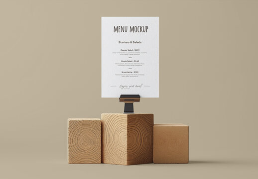 Elegant Menu Mockup Standing on Wooden Cubes &ndash; Minimal Restaurant or Wedding Branding Scene