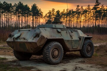 Fototapeta premium Armored Military Vehicle Parked in a Forest at Sunset, Showcasing Camouflage Patterns, Nature, and Military Equipment in a Serene Landscape