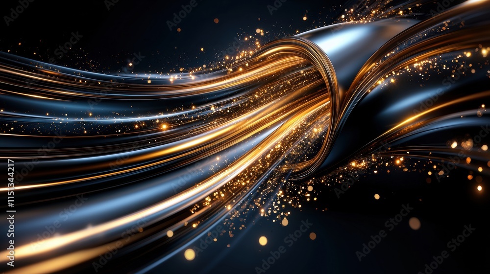 Poster abstract metallic waves with golden sparks on dark background - futuristic and dynamic digital art i