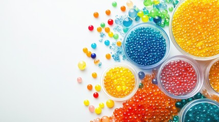 Sensory exploration toys like water beads and kinetic sand, spread out on a white background for a dynamic presentation