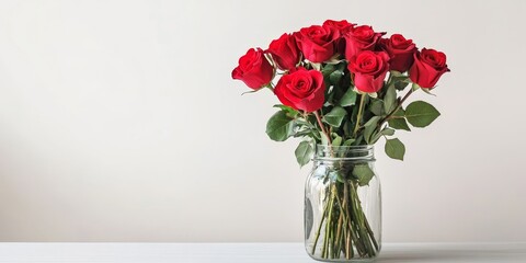 Obraz premium Red rose flower bouquet arranged in a jar on a table, isolated against a white background, showcasing the beauty of the red rose flower bouquet with a clipping path for easy use.