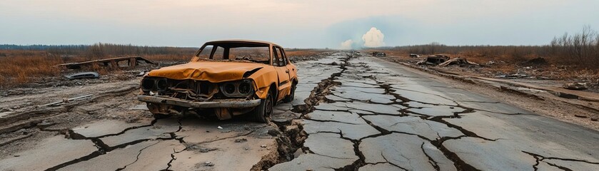 Obraz premium Burned-out vehicles abandoned on a cracked highway, nuclear bomb, ghostly aftermath
