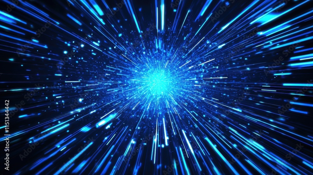 Poster dynamic blue light burst with radiating streaks creating a futuristic and energetic abstract backgro