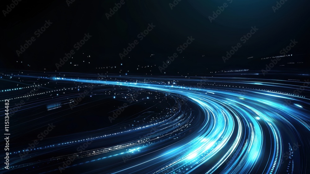 Poster futuristic blue light trails on dark background representing high-speed data and technology concepts