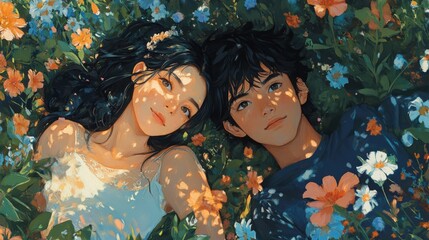 Young Couple Resting Amidst Blossoming Flowers
