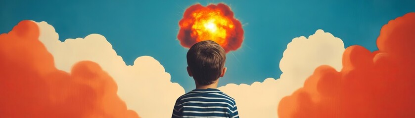 Child looking at a distant fireball on the horizon, nuclear bomb, innocence shattered
