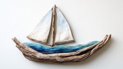 Fototapeta premium Driftwood sailboat wall art with blue resin ocean.