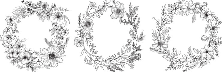 A wreath made from various flowers, simple line art, white background, clean lines, detailed drawing