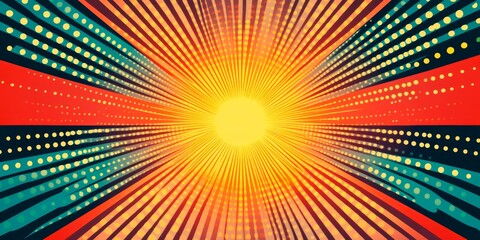 Radial dotted patterns and comic book-inspired details define this background