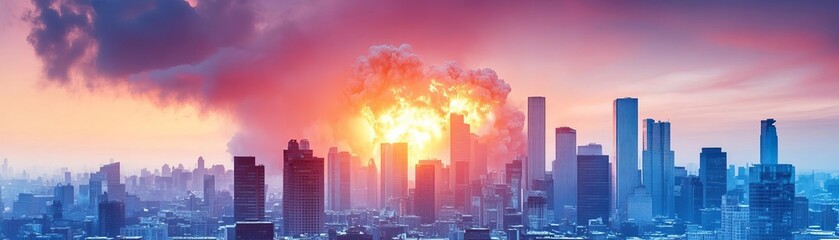 Fototapeta premium Cityscape frozen in time at the moment of a nuclear blast, nuclear bomb, suspended chaos