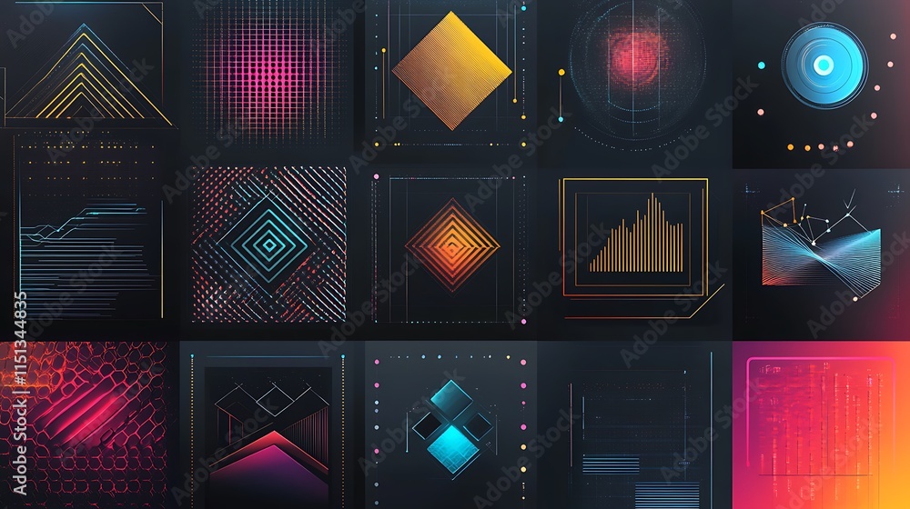 Poster Futuristic digital graphics collection with data visualizations, abstract shapes, and glowing lines.