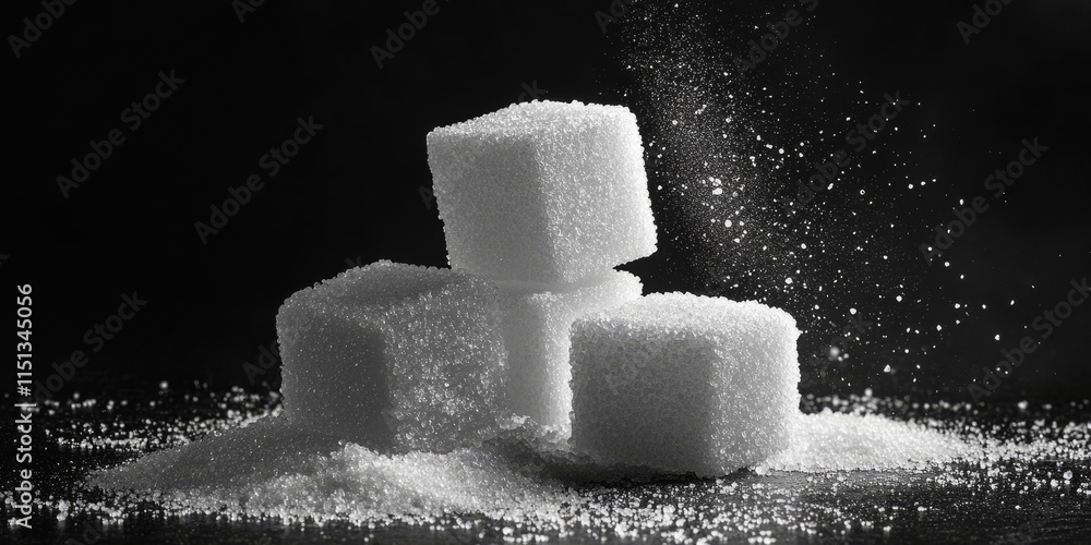 Poster cube sugars displayed on a black background create a striking visual. the cube sugars contrast beaut