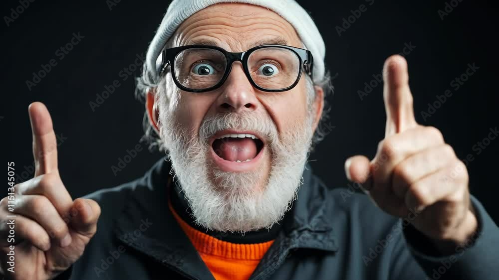 Poster man with glasses and a white hat is pointing at something with his finger. he has a surprised expres