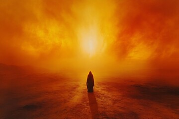 Cloaked figure walks toward bright fiery light.