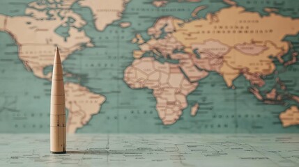 Cold War-era map marking global nuclear missile sites, nuclear bomb, global tension