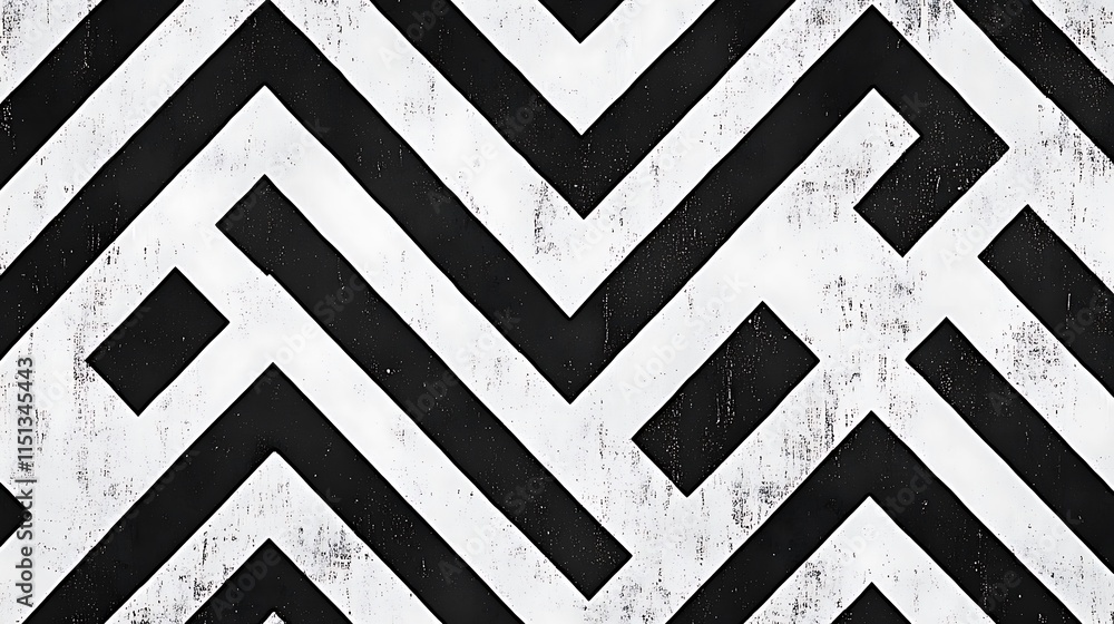 Poster Abstract black and white zigzag pattern with distressed texture.
