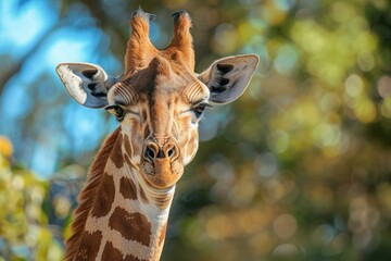 Fototapeta premium Close up portrait of a giraffe winking on a sunny day with blurred bokeh background