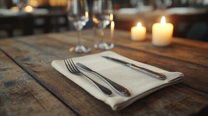 Romantic restaurant table setting with candles.