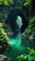 Dense foliage surrounds a tranquil cave entrance with an emerald green water pond, mysterious, vegetation