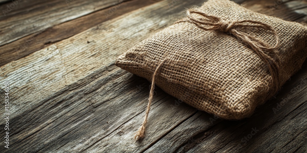 Poster burlap pouch secured with string resting on a weathered wooden table, showcasing the rustic charm of
