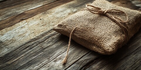 Burlap pouch secured with string resting on a weathered wooden table, showcasing the rustic charm of burlap in a cozy setting, ideal for various creative projects and presentations.