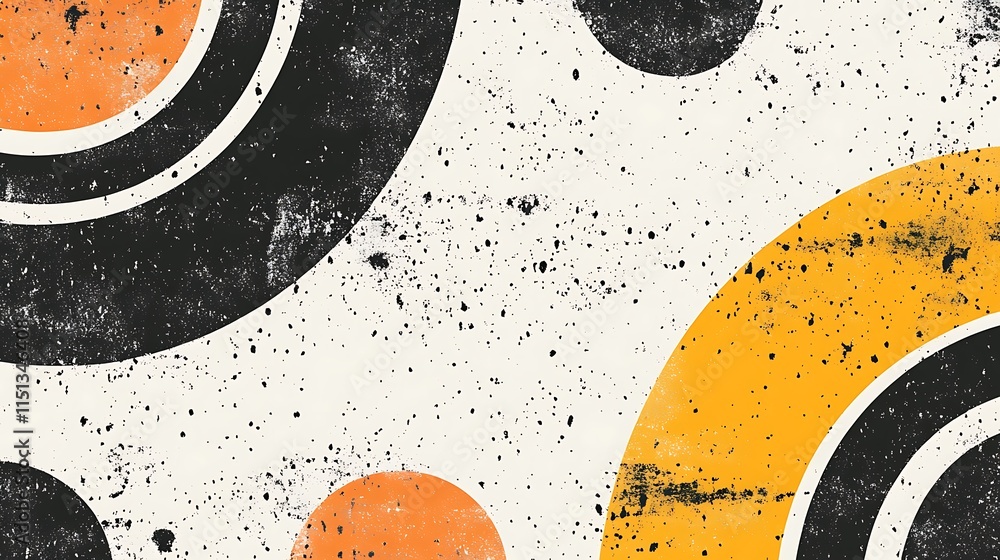 Poster abstract design with orange and black circles on a textured white background.