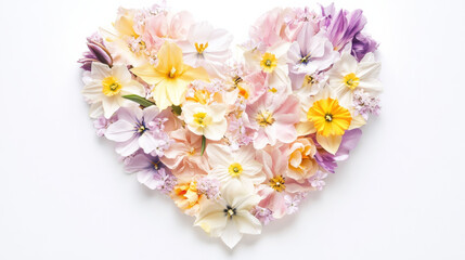 A symmetrical heart design made entirely of spring blossoms such as tulips, daffodils, and cherry blossoms