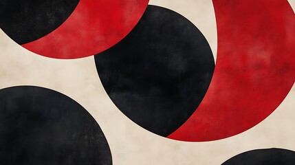 Abstract design with overlapping circles in red, black, and white, distressed texture.