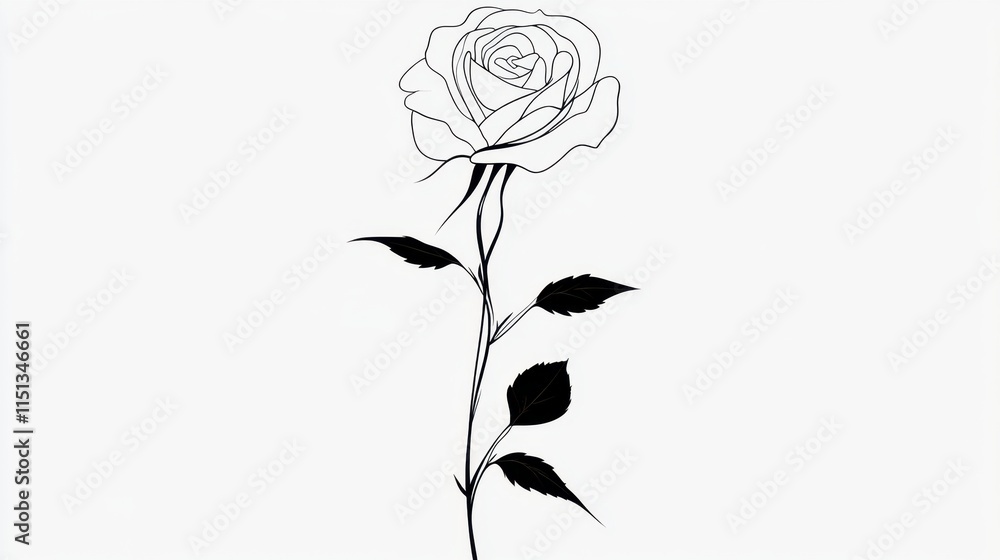 Wall mural a minimalist vector rose rendered in continuous black lines on a blank white canvas, timeless and el