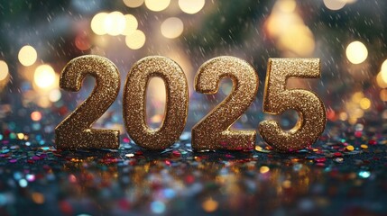 Golden Glitter Numbers "2025" with Holiday Confetti for a Festive Banner