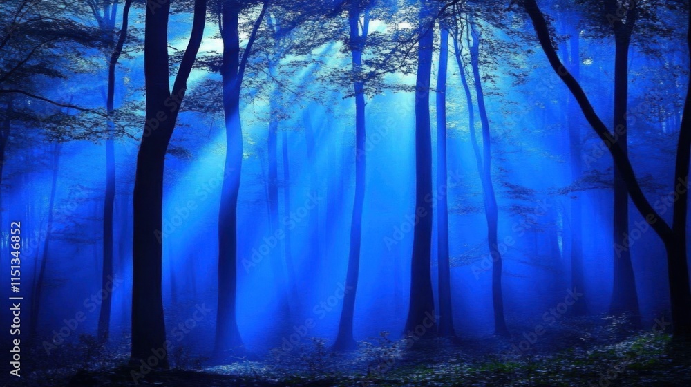 Poster a misty forest at night with beams of moonlight filtering through the treetops, creating a mystical 