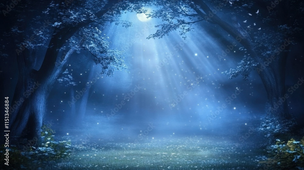 Poster a misty forest at night with beams of moonlight filtering through the treetops, creating a mystical 