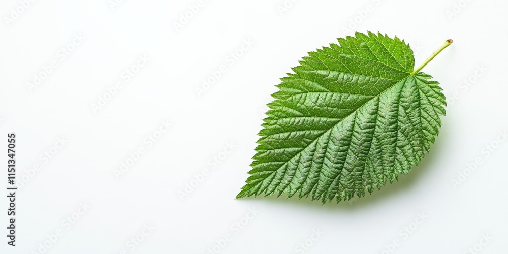Poster isolated raspberry leaf displayed on a white background, emphasizing the vibrant green color and uni