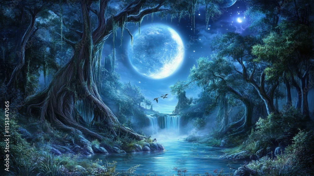 Poster a misty forest at night with beams of moonlight filtering through the treetops, creating a mystical 