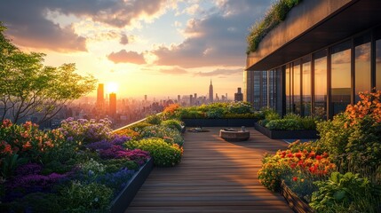 Obraz premium Rooftop garden with an urban view.