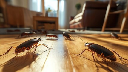 A group of cockroaches crawling on the floor in an apartment, living room in the background