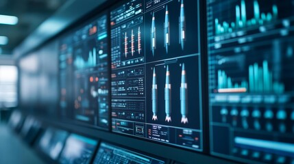 Holographic war room displaying nuclear missile trajectories, nuclear bomb, digital warfare planning
