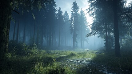 Obraz premium Foggy path through dark forest.