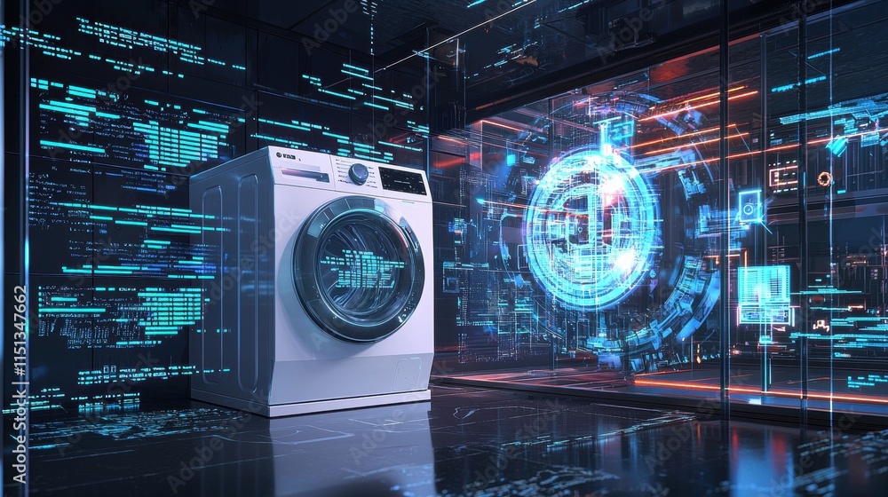 Poster futuristic smart washing machine in a high-tech digital environment with holographic interface and n