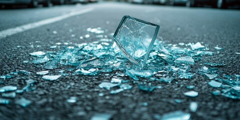 Sharp shards of car glass scattered across the asphalt create a stark and dangerous scene, emphasizing the need for caution around broken glass on the asphalt surface.