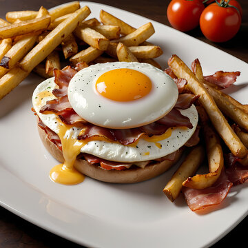 Brunch burger stack with sunny side egg, smoked rasher, crispy potato batons