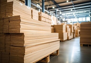 Obraz premium A large warehouse with many wooden planks stacked on pallets, ready for production in the furniture industry.