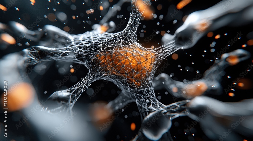 Poster futuristic neural network visualization with glowing connections in a digital abstract space