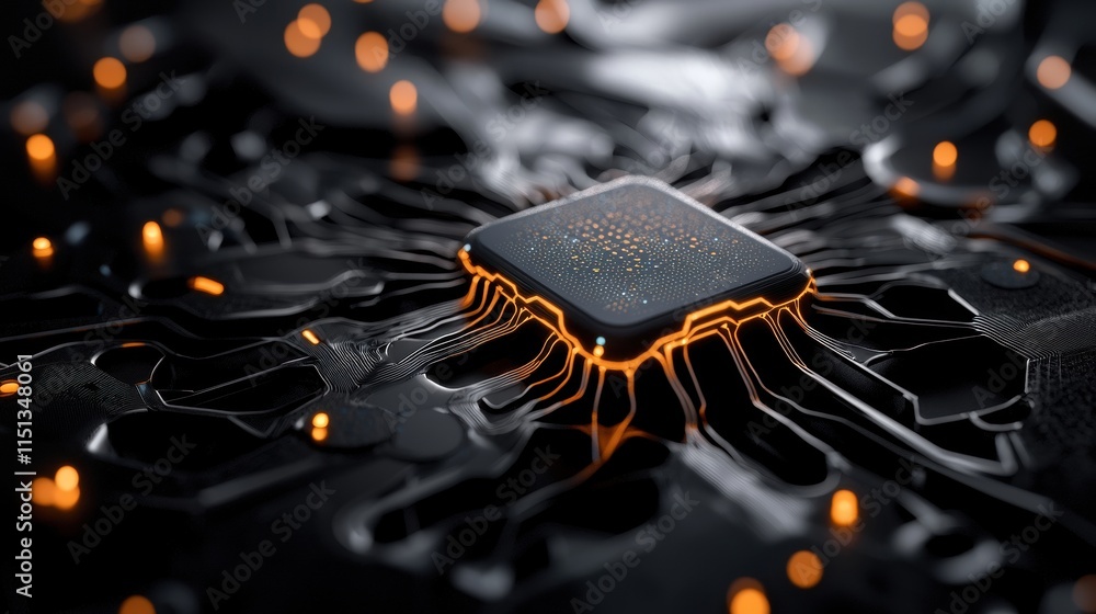 Poster futuristic microchip with glowing circuitry on a dark background representing advanced technology an